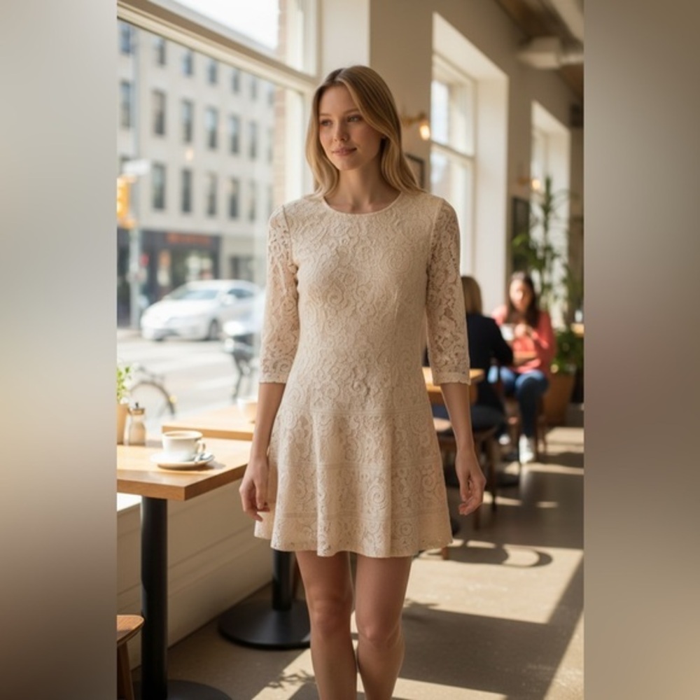 bebe Cream Lace Long Sleeve Dress Victorian Lacey Feminine Classy Event Outfit
